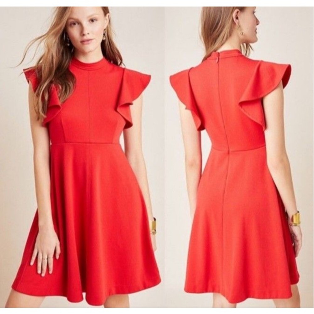MAEVE ANTHROPOLOGIE Deena flutter Ruffle sleeve mini Swing Dress Red Size Small